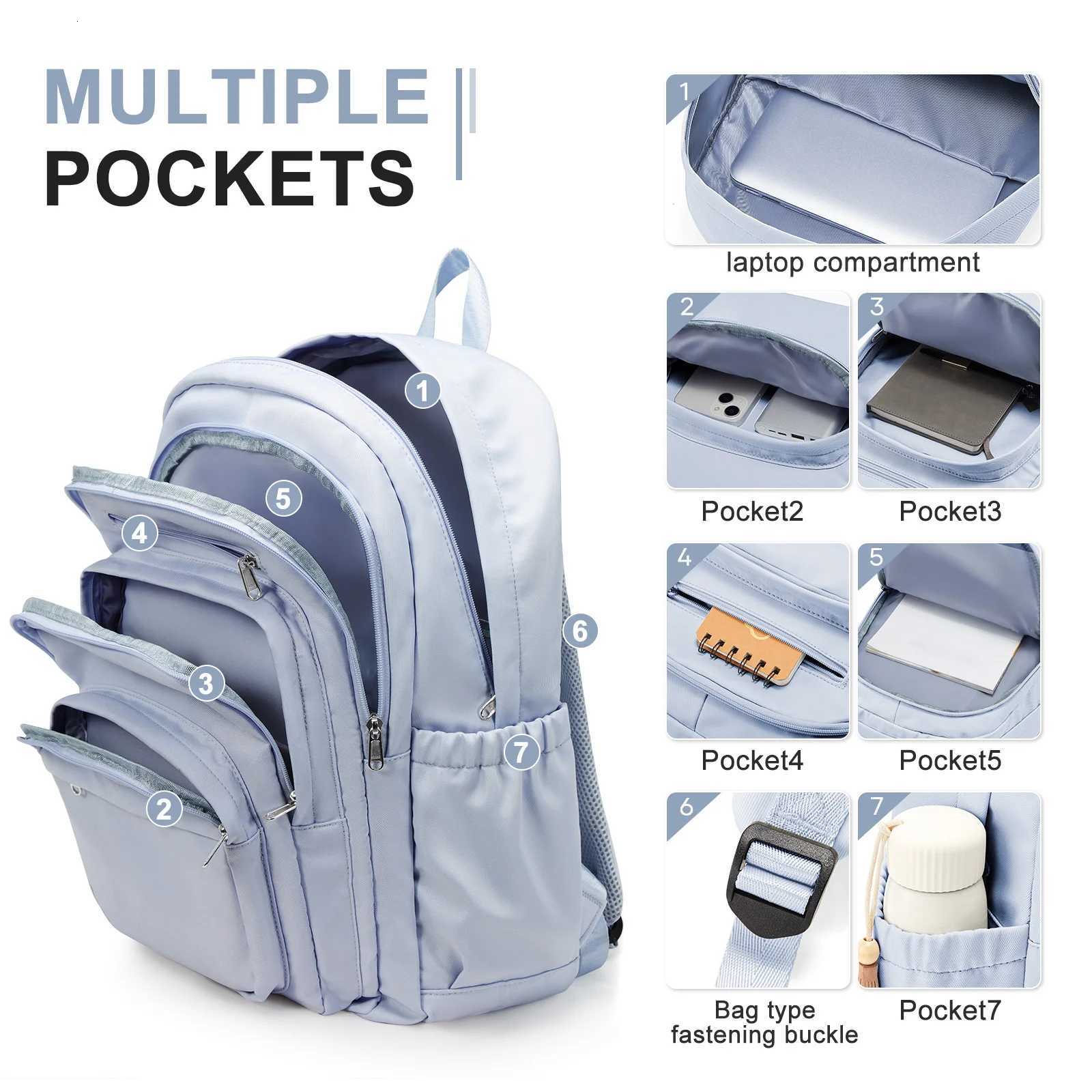 Sac à dos décontracté en nylon pour femmes, design multi-poches en bleu clair, durable pour l'école secondaire et le collège, cartable K251206