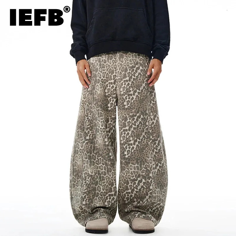 IEFB Niche Mens Denim Pants Leopard Print Autumn Menswear Silhouette Wide Leg Loose Male Curved Knife Jeans 9W4212 251205