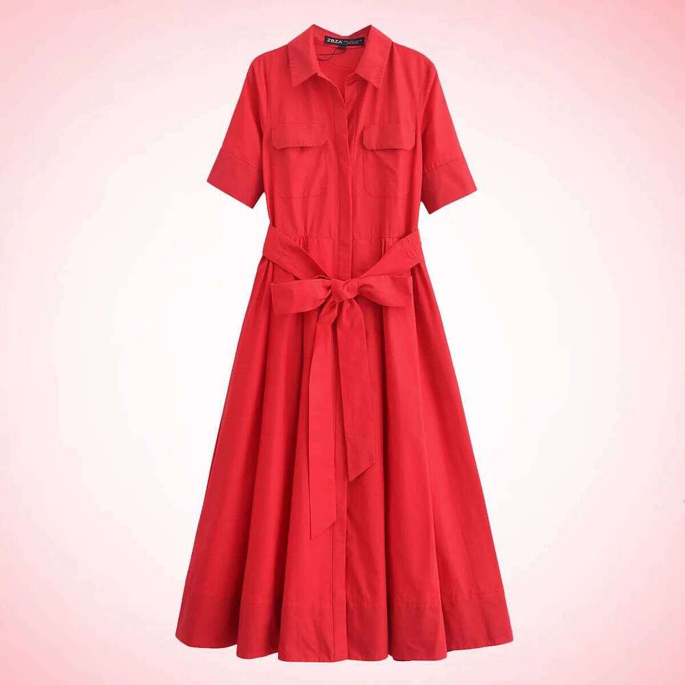 Designer Clothes Women Elegant Red Belted Lapel Pocket Long New Spring Summer High Street Romantic Casual Holidays Dress Hot Selling
