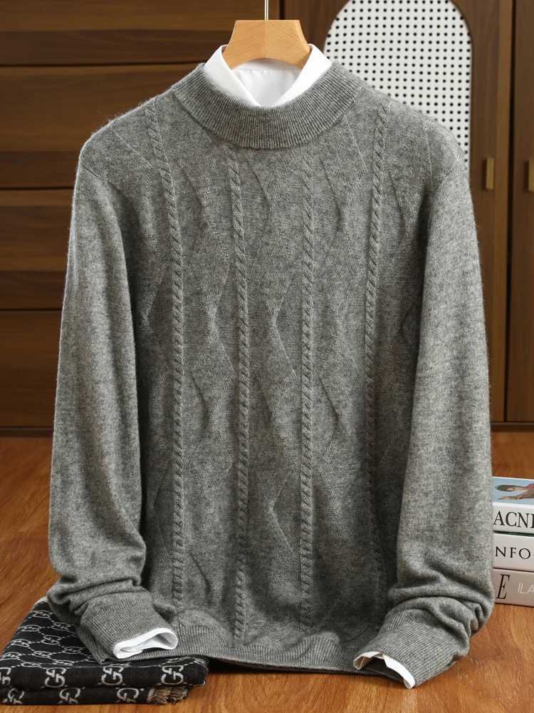 Autumn Winter Men Wool Sweater O-neck Pullover 30 Cashmere 70 Merino Wool Knitwear Twist Flower Long Sleeve Smart Casual Tops M251206