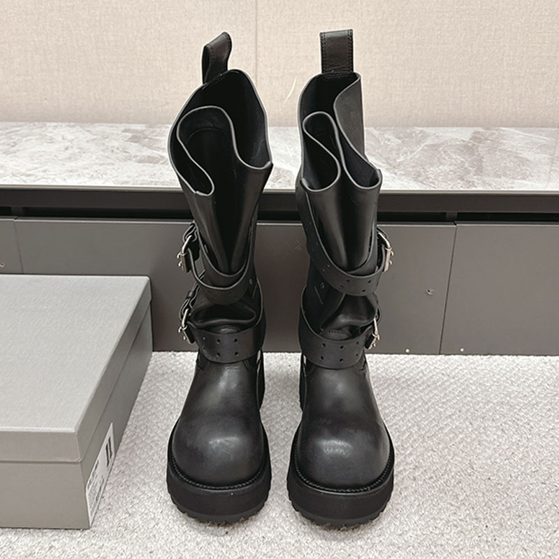 Boucle de ceinture sangle femmes bottes hautes hommes gros orteil chaussures en cuir créateur de mode bottes de moto bout rond chaussures de dame
