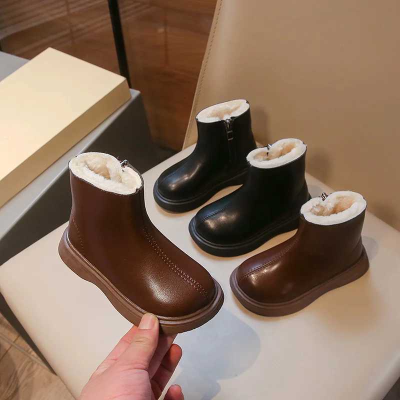 Bottes courtes pour enfants 2-16 ans rembourrées épaissies garçons filles coton chaussures hiver marron doux antidérapant enfants bottes en cuirT