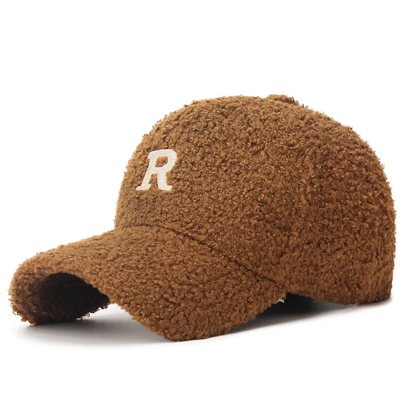 Womens Korean Style Teddy Fleece Baseball Cap Embroidered R Letter Face-Slimming Hat Cozy Casual Fall and Winter Cap 251204