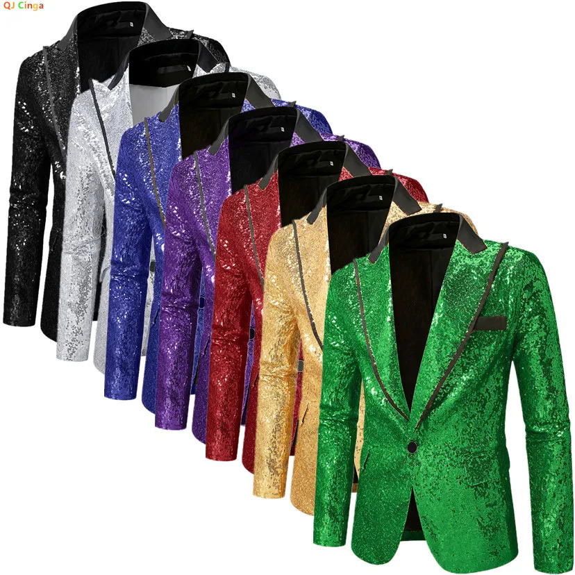 Stylish Green Mens Blazers Single-Breasted Black Collar JacketPerfect for Parties/Stage PerformancesSequin Decoration 251204