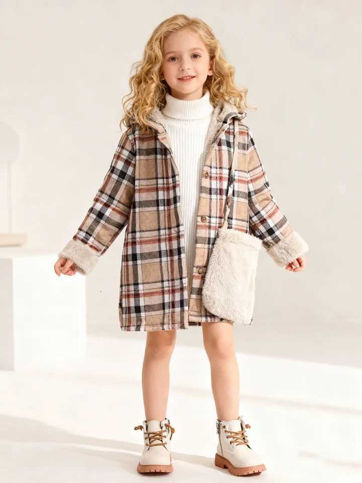 Veste mi-longue à capuche épaisse pour filles, à manches longues, à carreaux et en peluche, veste décontractée quotidienne, automne et hiver, Y25
