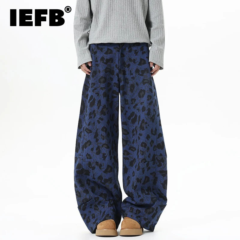 IEFB Niche Mens Jeans Leopard Print Contrast Color Casual Wide Leg Bottom Straight All-match Male Denim Pants 9X1004 251205