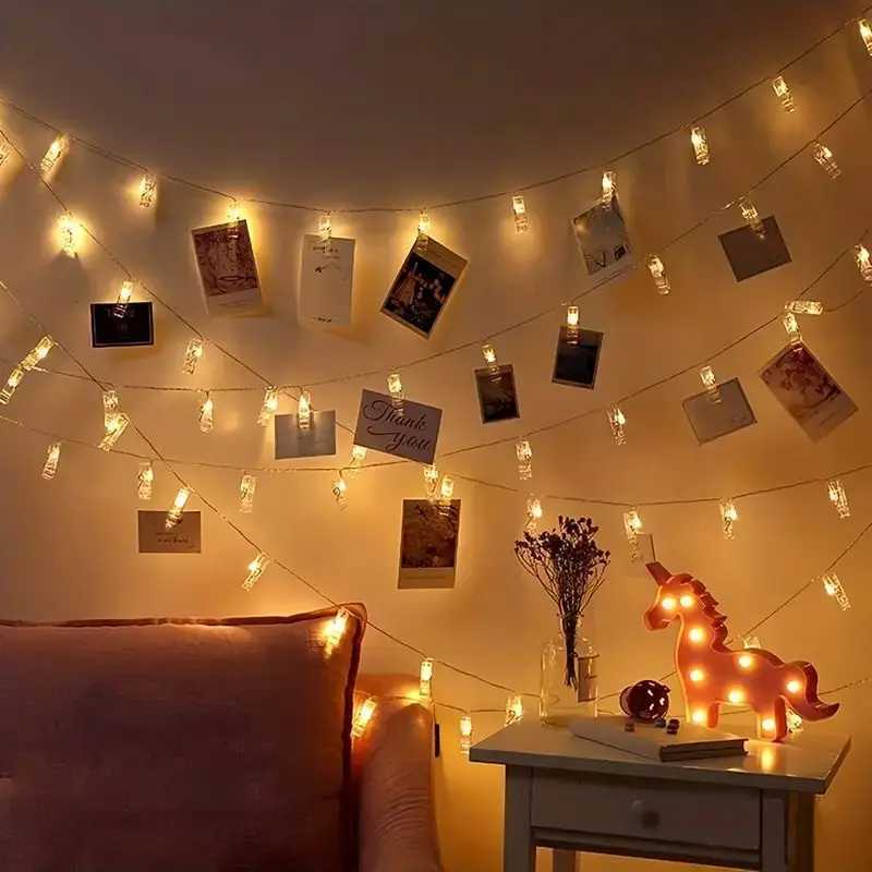 1 paquet de guirlande lumineuse à pince photo pour accrocher des photos Alimentation USB adaptée à la décoration de la chambre Anniversaires Fête