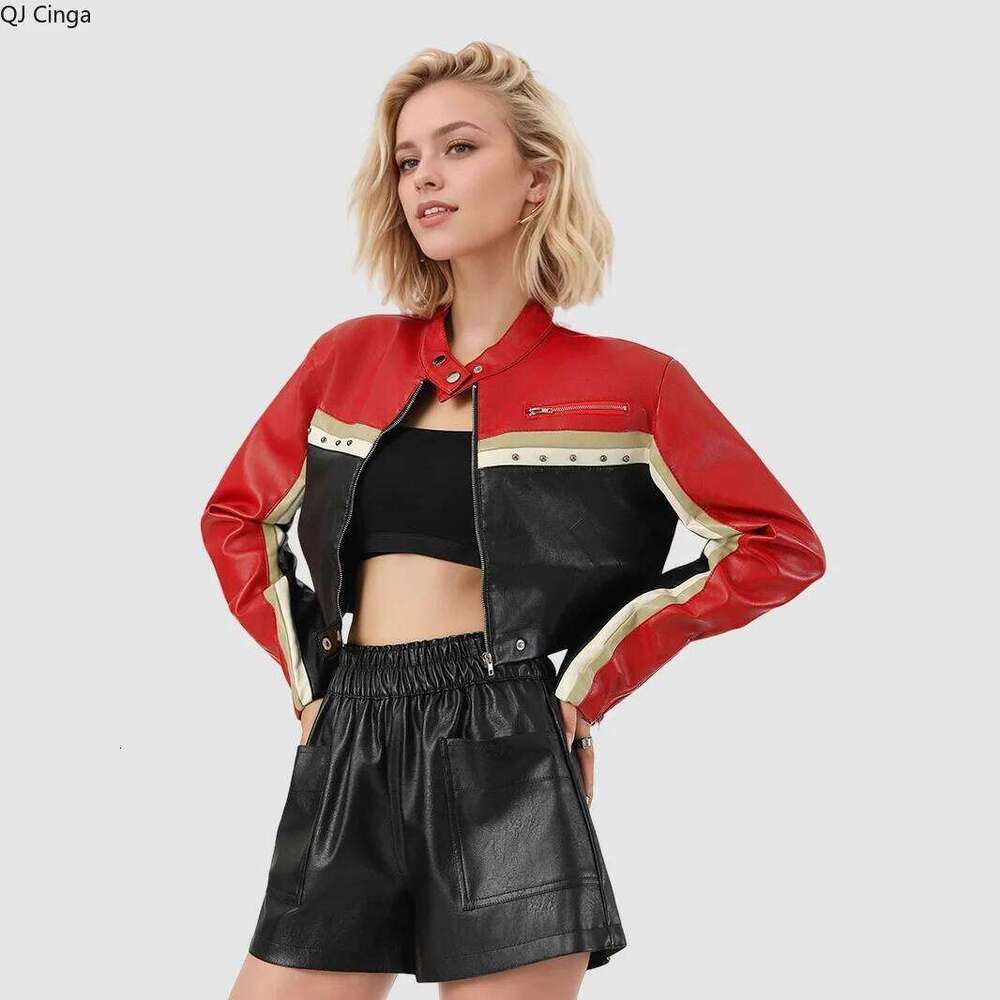 Nouvelle veste d'automne en simili cuir rouge à manches longues pour femmes, manteau en PU de motard à la mode de longueur courte.