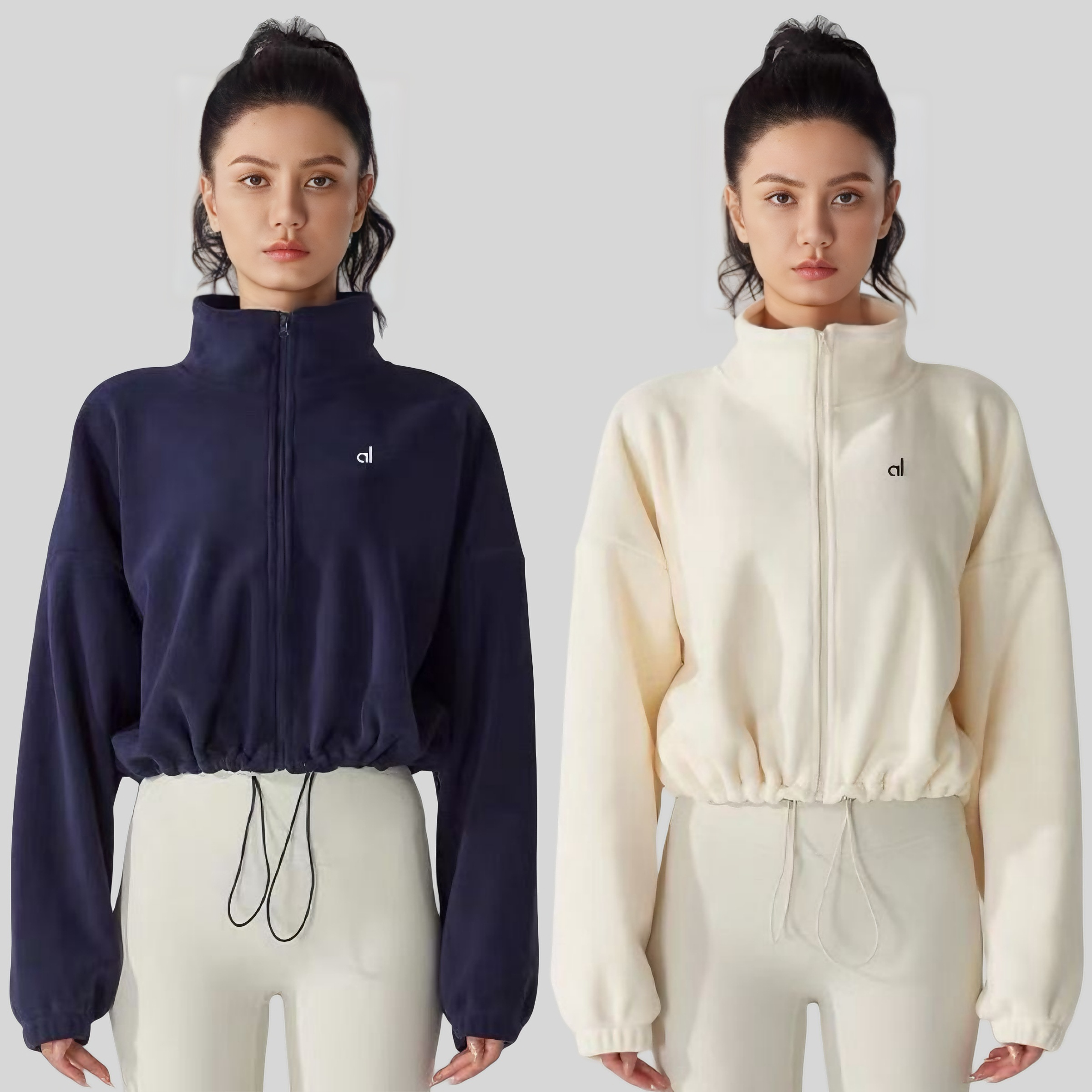 Yoga set Sweatshirts Cropped Full Zip Jackets Slightly Puffy Sherpa Coats Polar Fleece Wintry Mix Jacket Slouchy Mock Neck Sweater Silver workout se