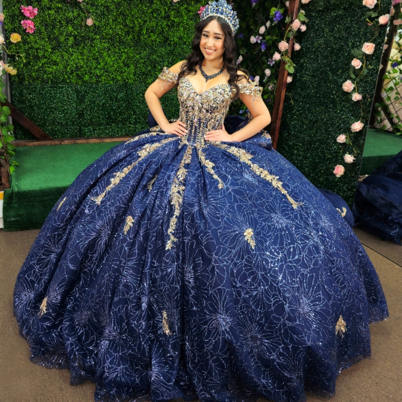 Navy Blue Quinceanera Dresses Off The Shoulder Sequin Aplique Lace Beading Bow Corset Party Birthday Sweet 16 Dress Vestidos 15 De Anos