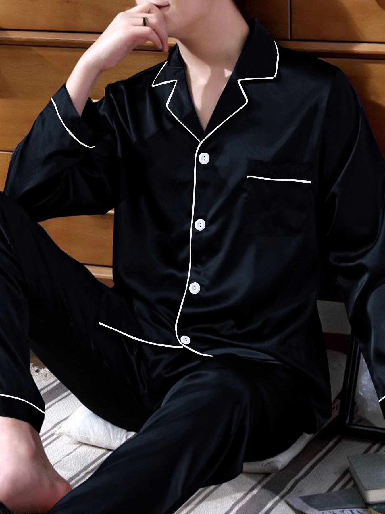 Ensembles deux pièces pyjamas pour hommes automne et hiver pantalon à manches longues en satin de soie décontracté simple ensemble de vêtements d
