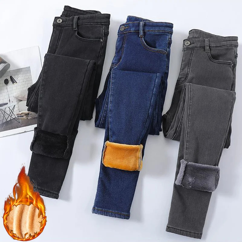 Jeans invernali da donna in peluche termico Jeans elasticizzati caldi da neve Pantaloni in pile a vita alta Pantaloni in denim a gamba dritta femmin