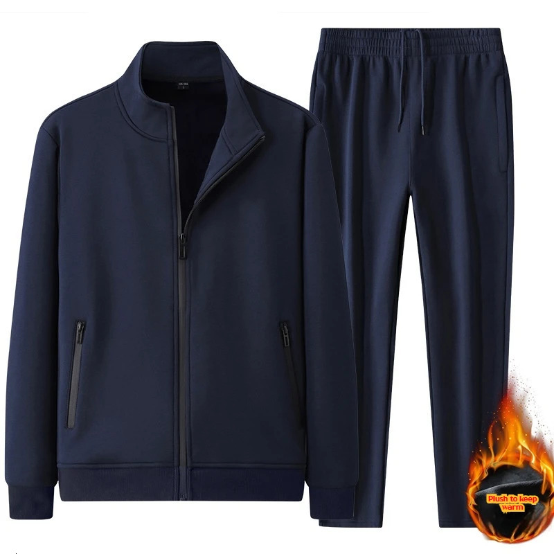 Hiver hommes décontracté ensemble coton polaire doublé survêtement pour papa d'âge moyen veste chaude pantalon 2 pièces ensemble grande taille vê