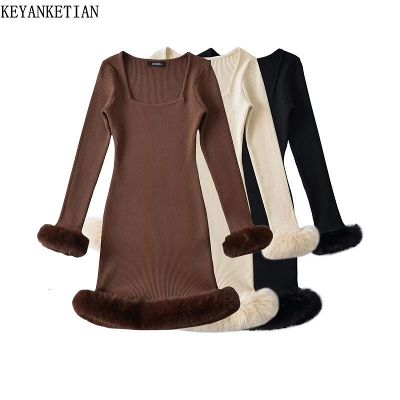 KEYANKETIAN Autumn/Winter Womens Fur Patchwork Knit Dress Elegant O-Neck Solid color Sheath Hip wrap Mini Dress 251205