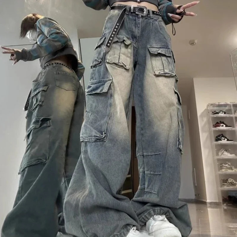 Pantaloni cargo multitasche da strada da donna estivi a gamba larga trendy di nicchia lavabili a vita alta jeans da donna y2k baggy 251201