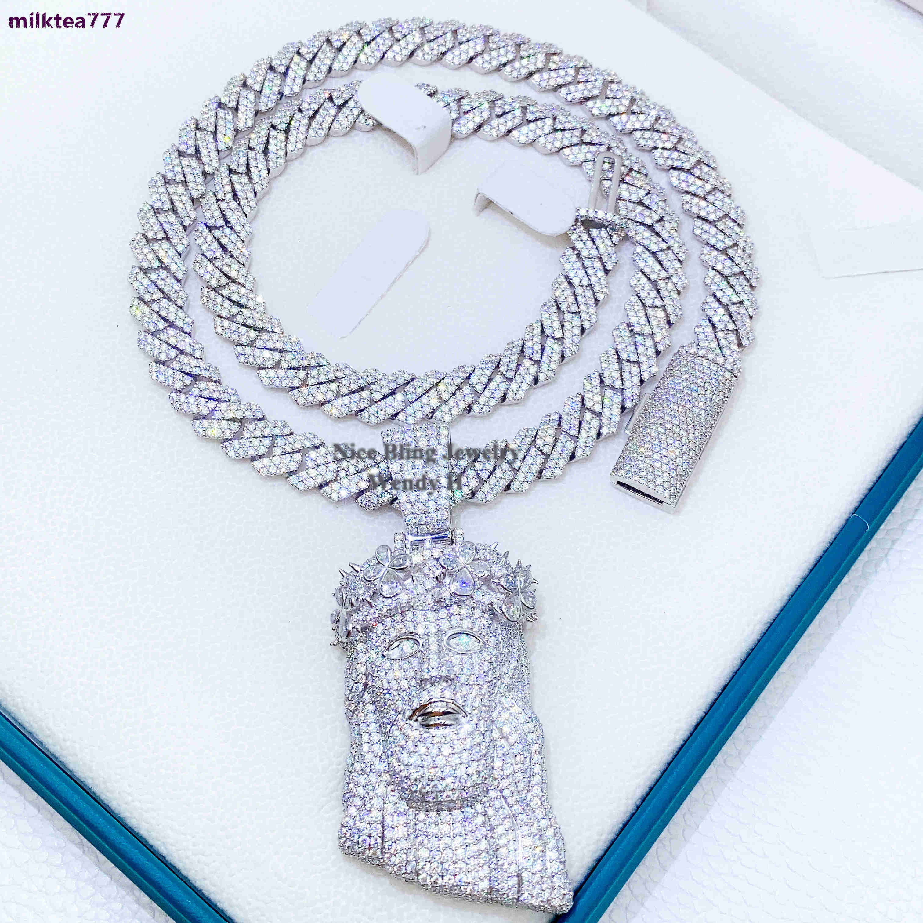 10mm Cuban Buss Down Rapper Jewelry Iced Out Moissanite Diamond Hip Hop Silver Jesus Piece Pendant