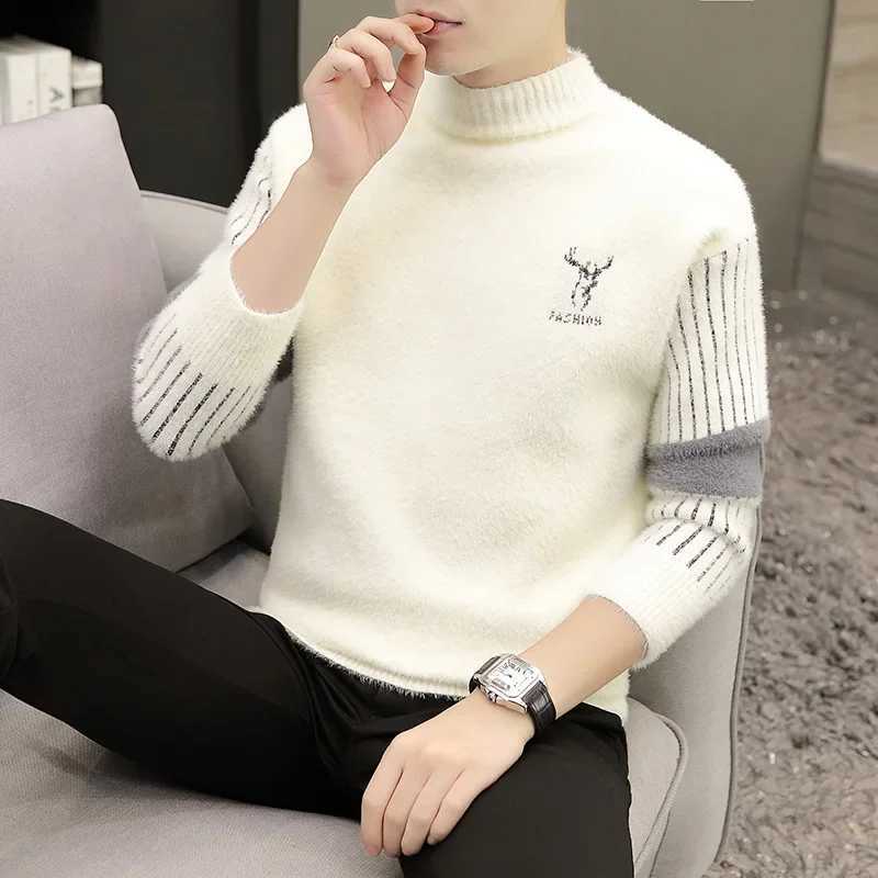 Autumn Winter Black White Mens Style Loose Fit Half turtle Neck Knitted Top Thickened Sweater Warm Mens Casual Wear Top M251206
