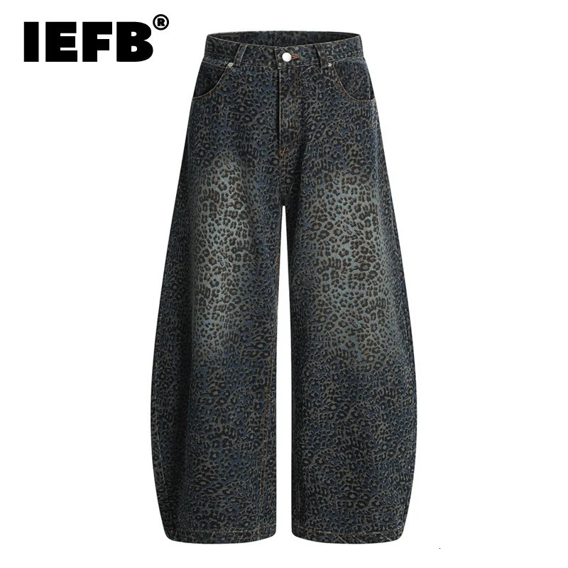 IEFB High Street Mens Curved Couteau Pantalon Léopard Imprimé Dégradé Couleur Large Jambe Jeans Lâche Large Jambe Mâle Denim Pantalon CPG3920 251