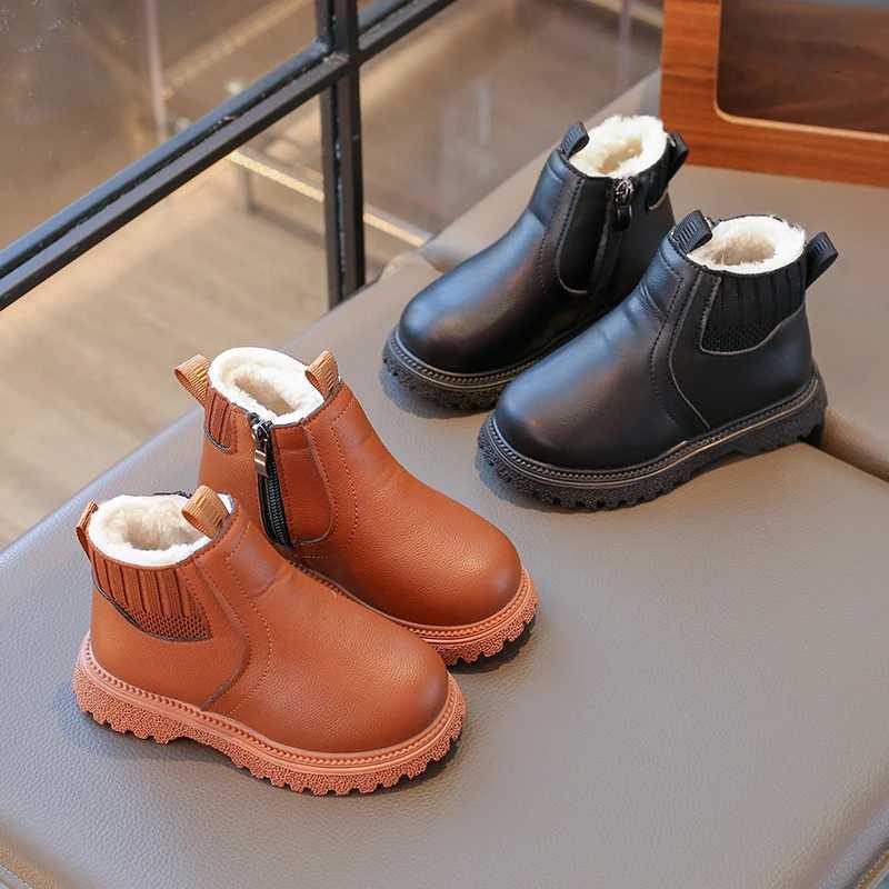 21-30 Bottines enfants pour petits garçons filles bottes de neige thermiques mode cuir PU enfants bottes courtes en caoutchouc avec peluche épais