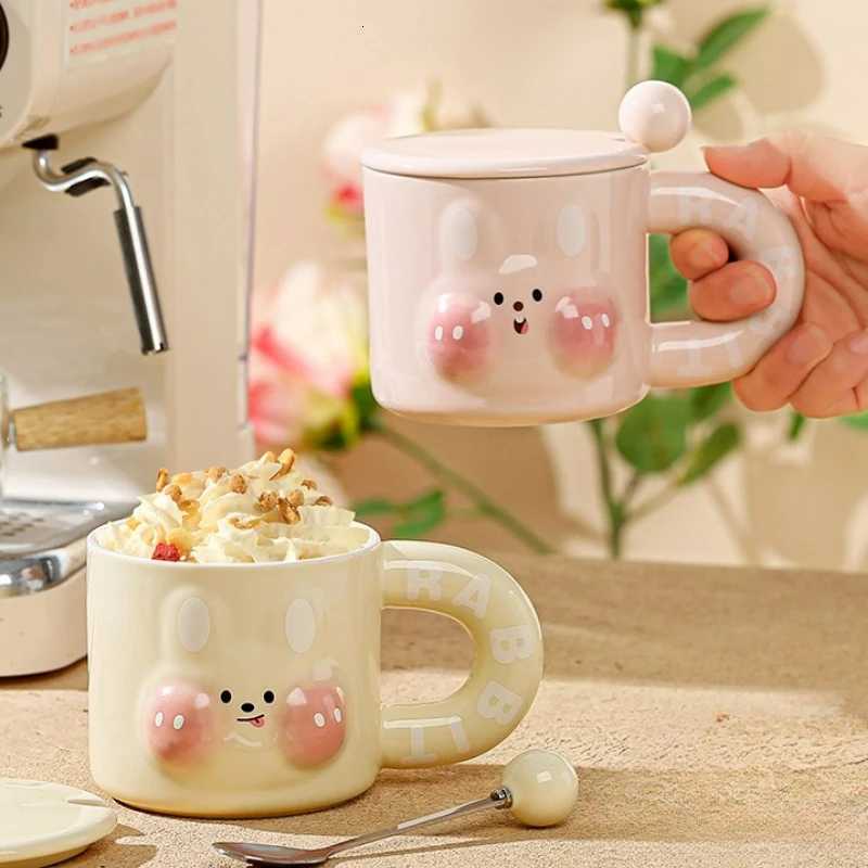 Cute Rabbit Ceramic Mug Home Water Cup Girls Office Coffee Cup Cartoon Milk Mug with Lid Spoon Breakfast Mugs Birthday Gift New M251206-image-1087462794
