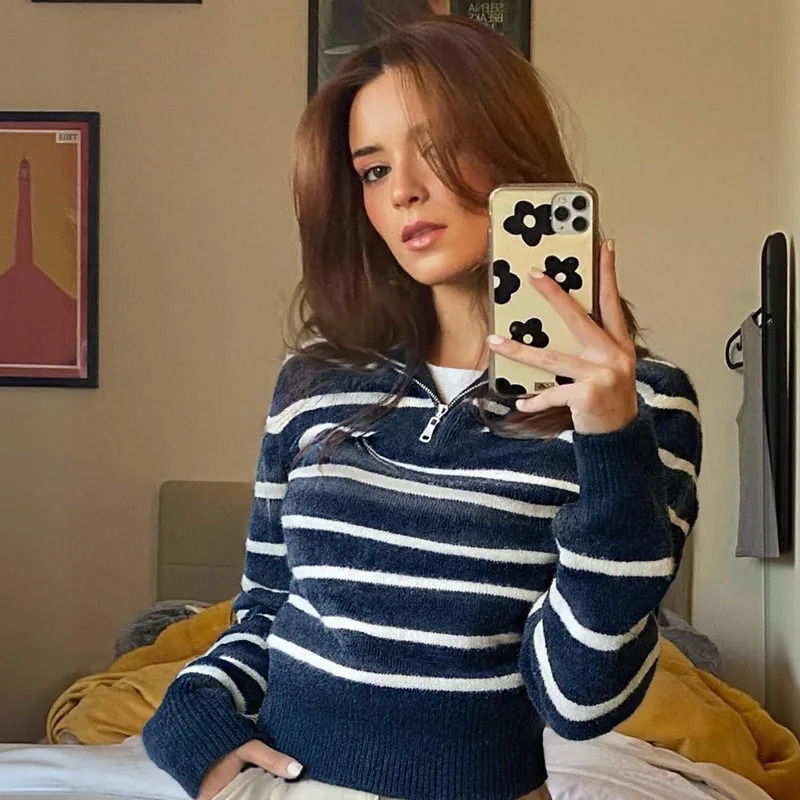 Autumn retro temperament halfchain navy collar longsleeved sweater loose casual womens striped pullover 251126