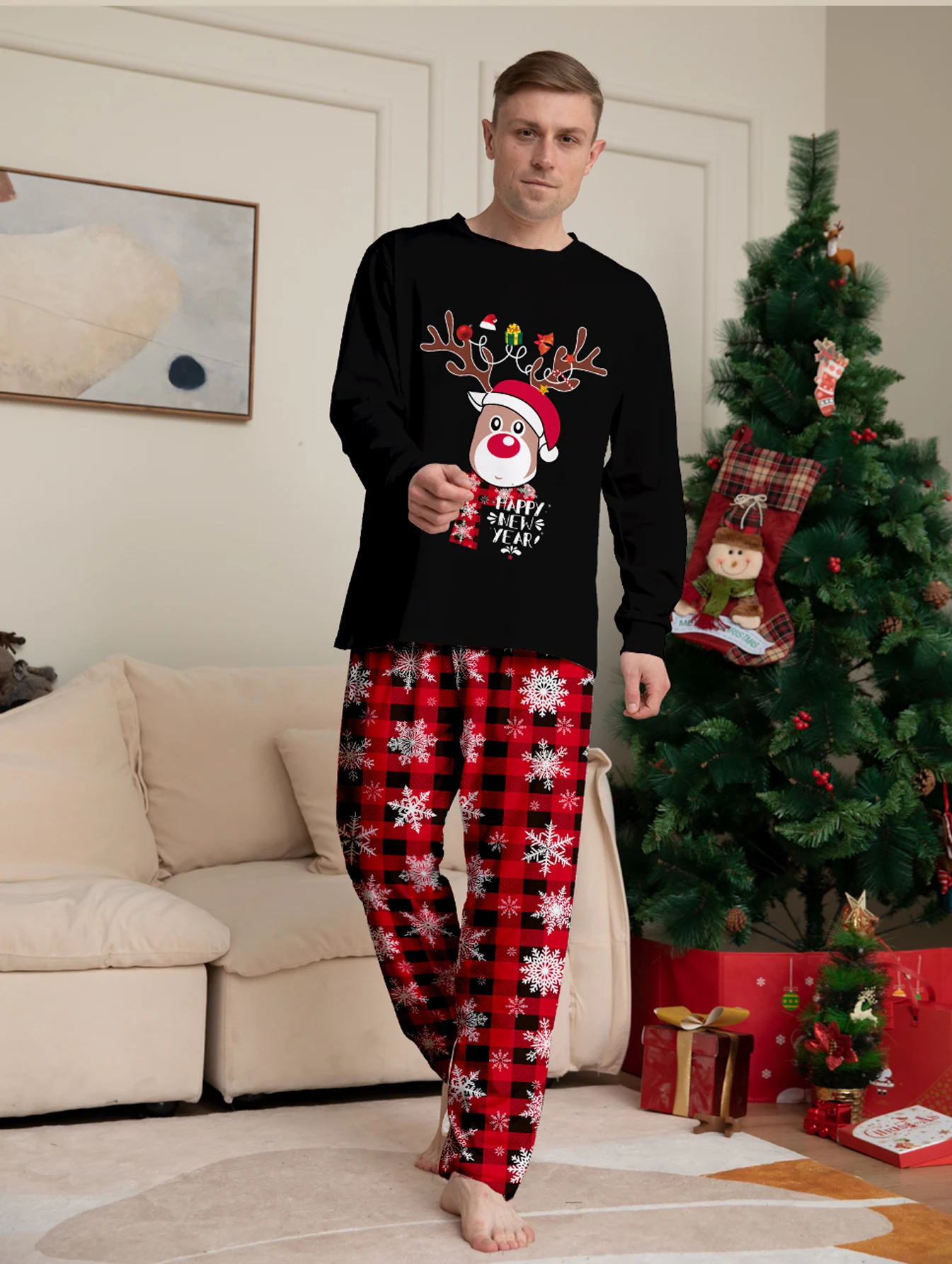 Ensemble pyjama de Noël pour hommes avec renne HAPPY YEAR imprimé à carreaux pantalon flocon de neige vêtements de détente festifs 251205