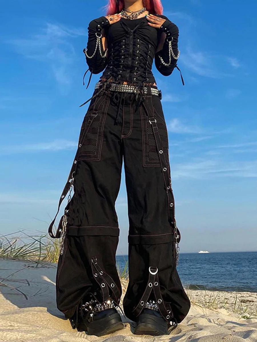 Jeans cargo da donna Jeans a righe con cerniera Chiusura con bottoni Pantaloni casual larghi Streetwear con tasche Abiti primaverili autunnali Punk