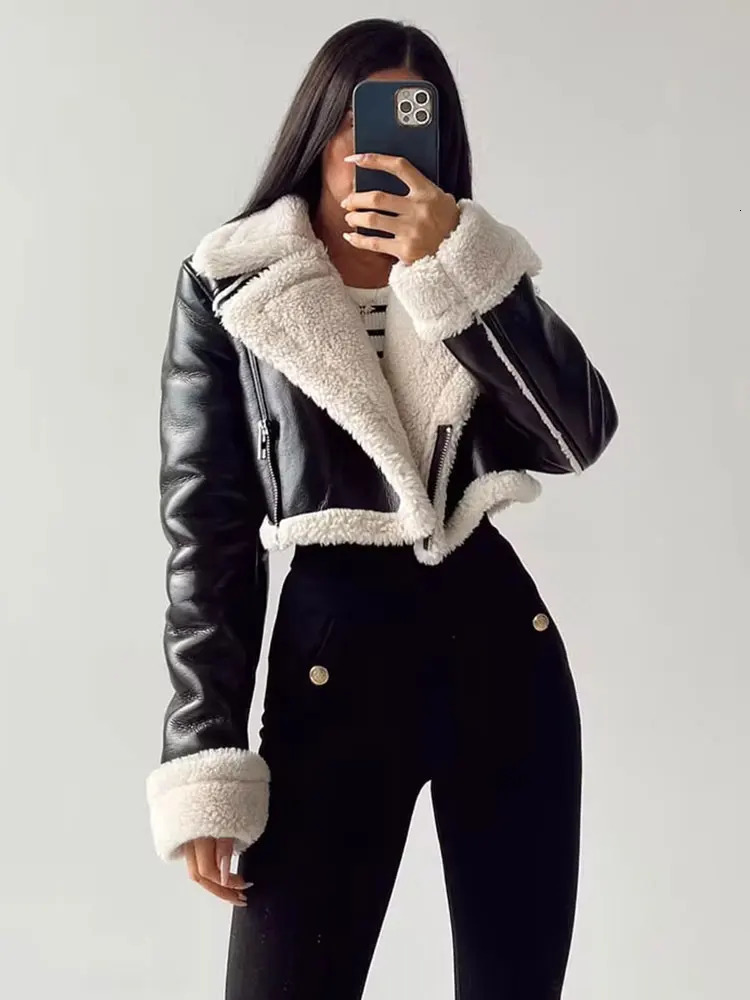 HH femmes Faux cuir épaissir veste courte Vintage avant fermeture éclair revers à manches longues manteau hiver femmes chaud vêtements d'extérieu