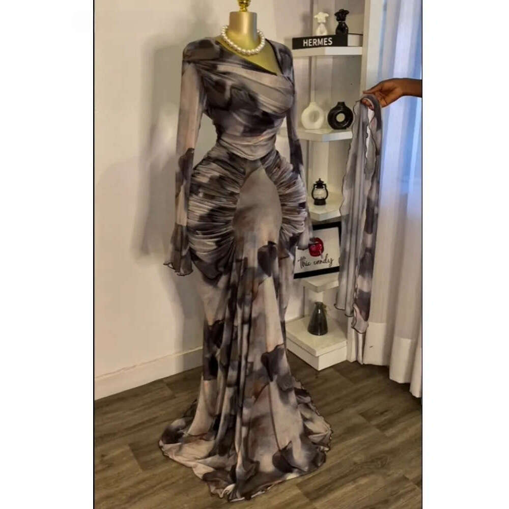 Robe longue froncée empilée pour femmes, imprimé Tie Dye, col incliné, manches évasées, Maxi, Sexy, robes de soirée d'anniversaire, de luxe, été