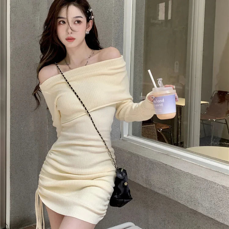 Sexy tricoté une épaule à manches longues robe femmes automne hiver Style cordon taille jupe courte robe moulante 251204