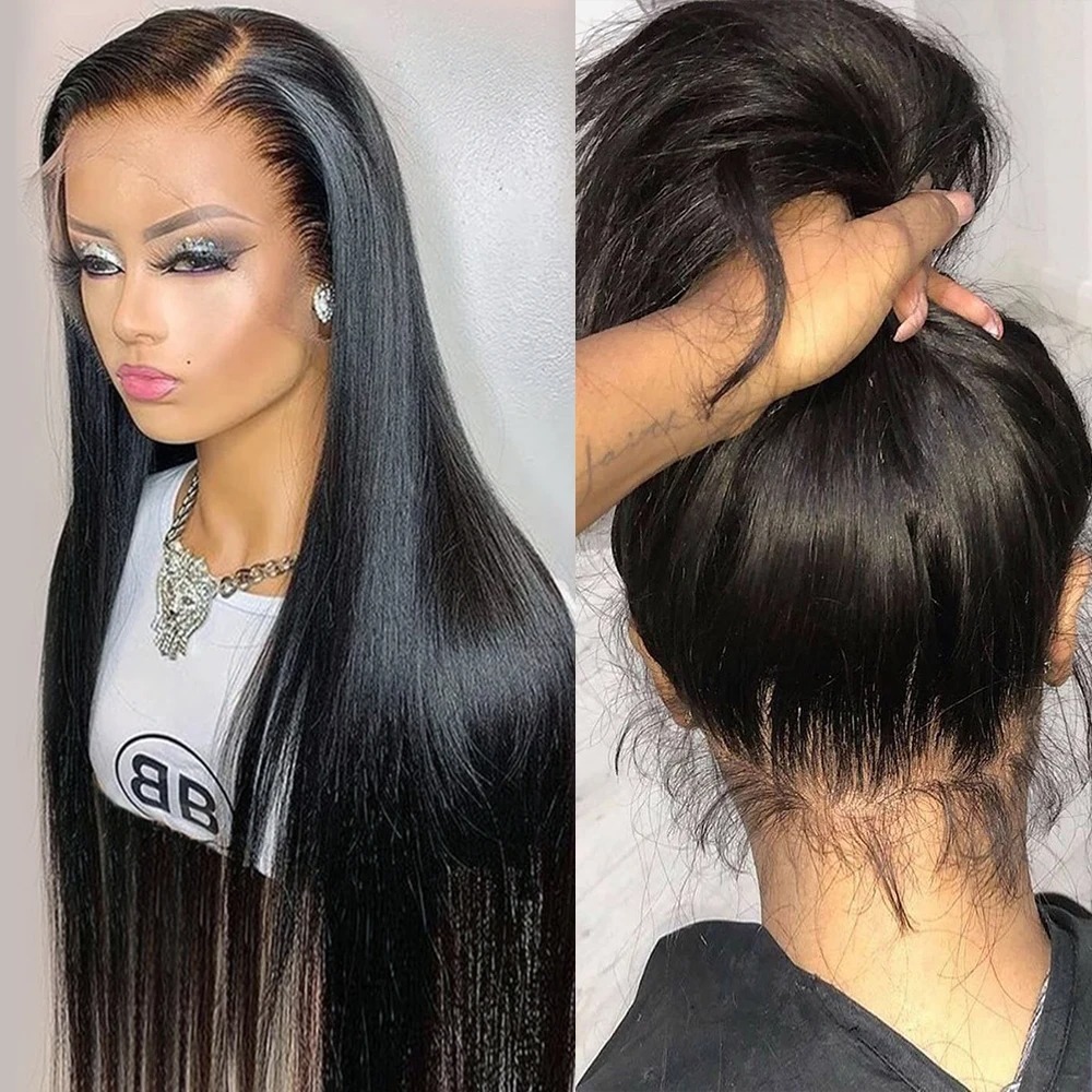 Perruque de cheveux humains droite noire 40 pouces HD Transparent 360 perruque frontale en dentelle complète 13X4 sans colle perruques de cheveux