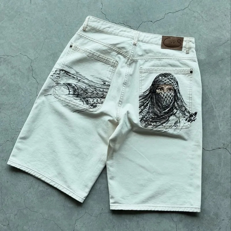 Pantaloncini di jeans larghi Y2K Pantaloncini con motivo ricamo Harajuku Pantaloncini vintage da uomo 2000 vintage da uomo e donna Casual Pantalonci