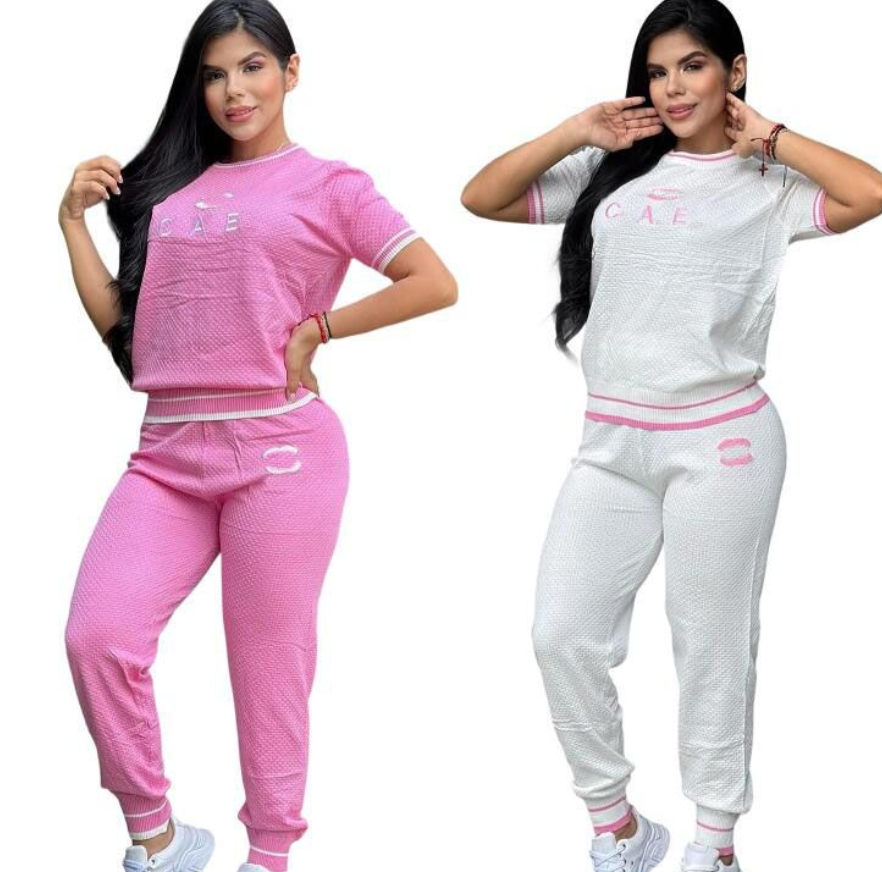 Women's Tracksuit Two Piece Set For Women Embroidered top Pants Suit Womens 2 Pieces Jogger Short Sleeve Fashion Tights Suits Woman Outfits