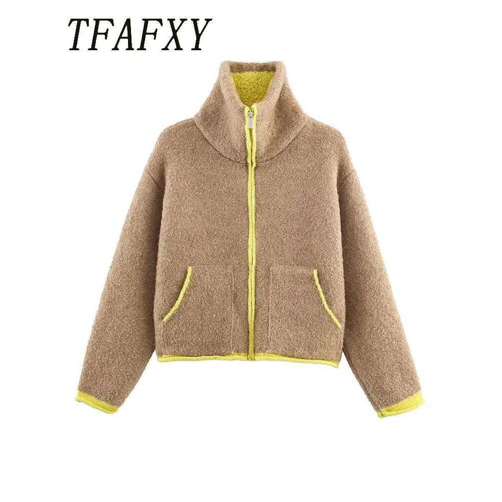 TFAFXY Women Cardigan Jacket Fall Winter Knitted High Neck Long Sleeve Color Blocked Zipper Loose Coat Female Casual Top