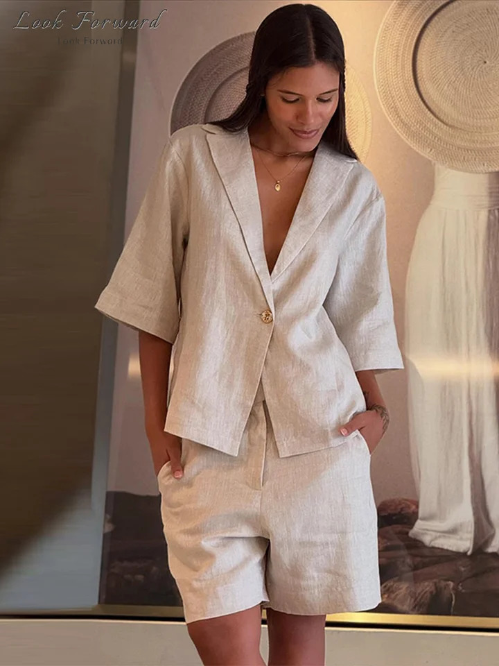 Casual Shirt Shorts Suit Women Cotton Linen Loose V-neck Buttons Blouse Pockets Short Pants Set Lady Summer Solid Sets Woman 251204