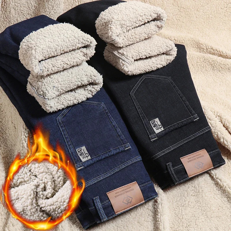 Jeans da uomo in velluto di lana, pile invernale, ispessito, pantaloni casual in denim dritto, morbidi e accoglienti, pantaloni elasticizzati termic