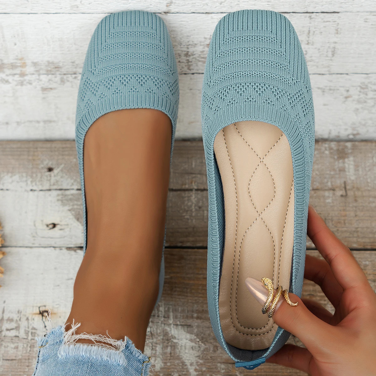 Square-toe Flat Knitted Shoes Comfortable and Convenient Solid-color Womens Single Shoes 251201