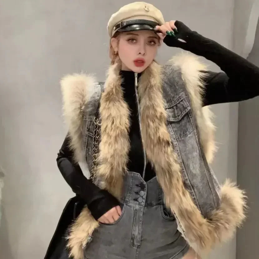 Femmes fausse fourrure couture Denim gilet raton laveur sans manches Jeans veste coton matelassé gilet Cowboy débardeur Cardigan hauts 251129