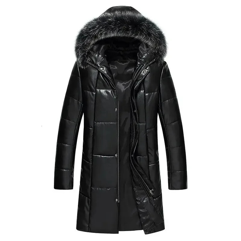 Puffer Jacket Hommes Haute Qualité Hiver En Cuir Doudoune Homme Argent Col De Fourrure De Renard Coréen Moyen Long Slim Fit Manteau En Peau De Mo