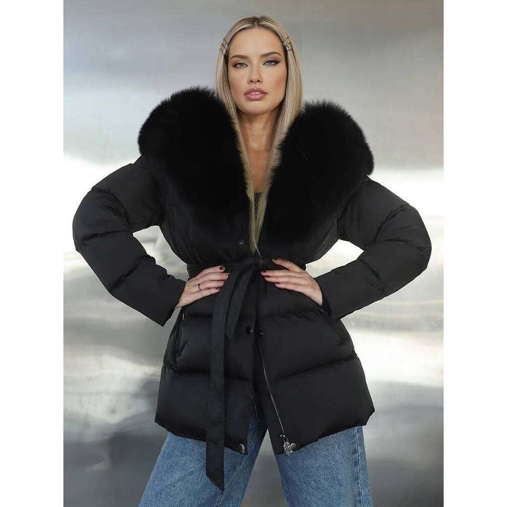 2025 New Natural Thick Warm 90% White Goose Down Coat Long Winter Jacket Women Real Big Fox Fur Collar Belt Loose Puffer Parka