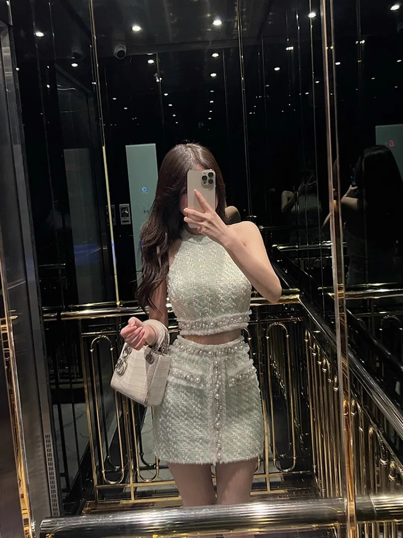 Temperament Celebrity Coarse Tweed Hanging Neck Top Hip Wrap Skirt Two-piece Set Women Bead Sleeveless Slim Summer Spicy Wear 251203