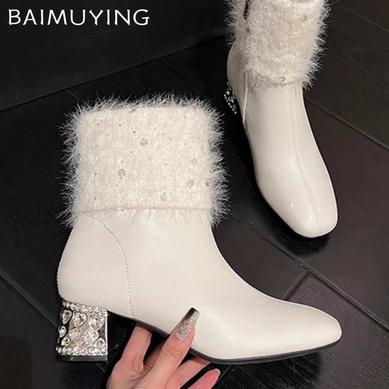 Women Ankle Boots Crystal Fur Leather High Heels Shoes Woman Trend Pointed Toe Chunky Fashion Elegant Winter Botas De Mujer 251204