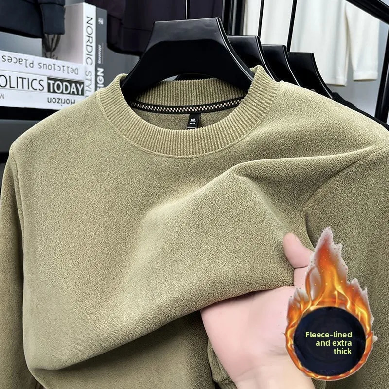 Winter Mens Thickening Velvet Warm Tops Mens Autumn Long-sleeved Thermal Underwer Male Round Neck Fashion T-shirt Sweater 251202