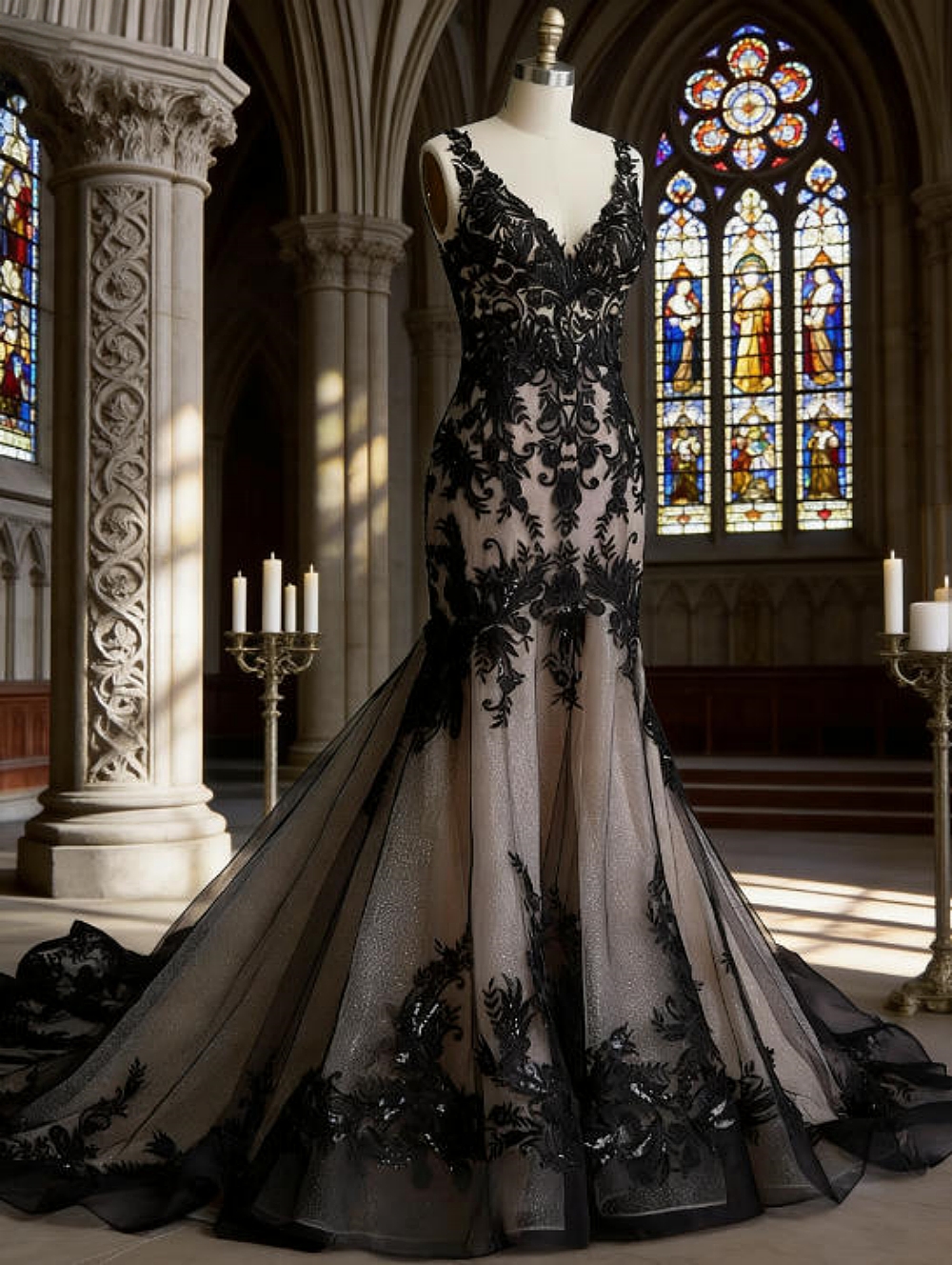 Gothic Black Lace Mermaid Wedding Dresses Court Train Dark Champagne Liner Straps V-Neck Plus Size Bridal Gowns Back Lace-Up Vintage Elegant Bride F