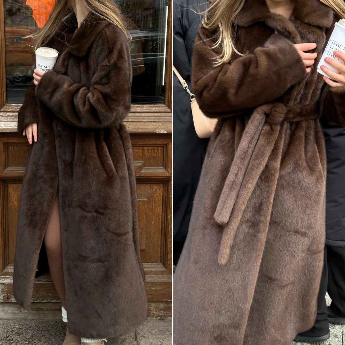 Long Coat Faux Fur Y2k Maxi Overcoat Lace Up Turn Down Collar Full Sleeve Thick Loose Elegant Jackets Autumn Winter 2025 251203