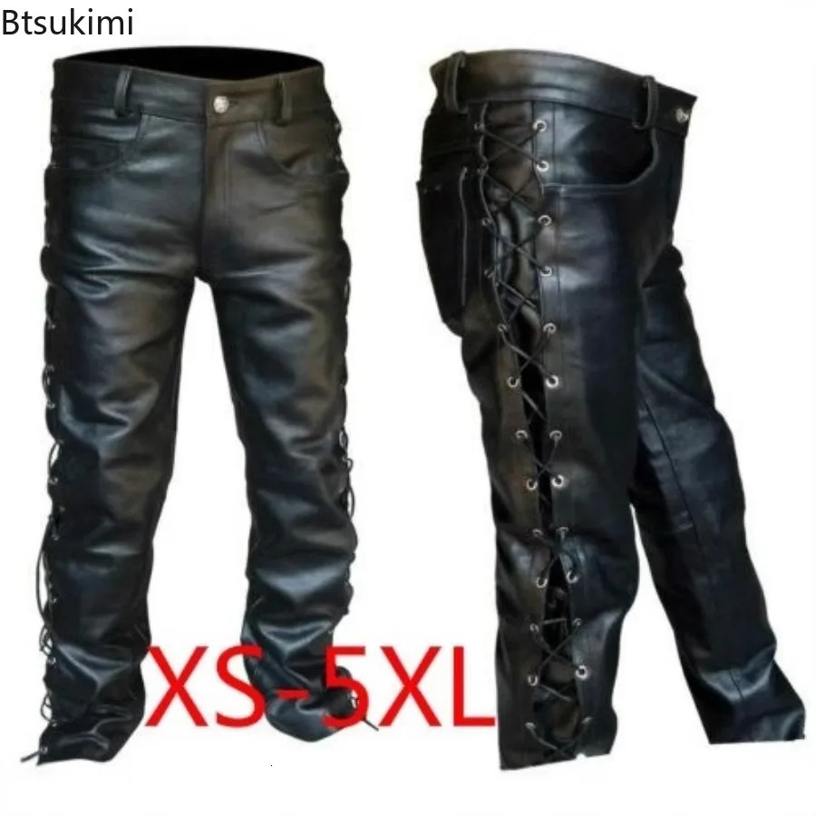 Mens Black PU Leather Side Laces Up Punk Style Long Pant Motorcycle Leather Trousers Leather Motorcycle Four Seasons Pants Male 251205