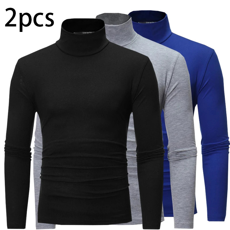 2pcs Men Thin Warm Tops Mens Autumn Long-sleeved Thermal Underwer Male High Collar Fashion T-shirt 251202