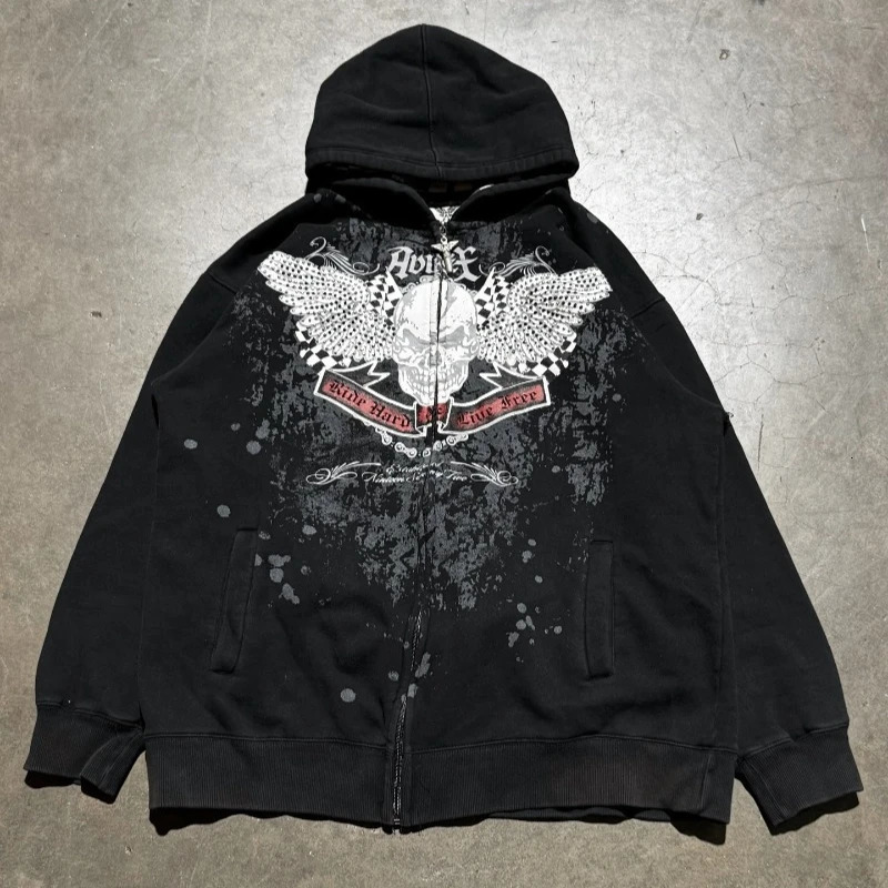 American Fashion Oversized Skull Print Hooded Sweater Men Y2K Harajuku Hip Hop Casual Joker Couple Sports Sweater 251204