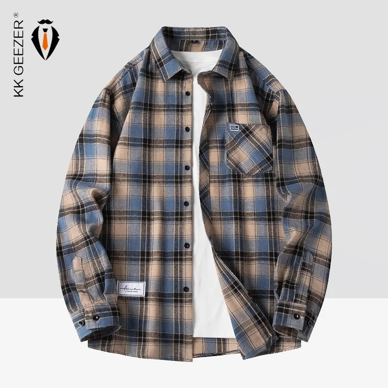 Men Shirt Plaid Flannel Spring Autumn Long Sleeve Blue Loose Mens Casual Shirt Oversized Business Male Soft Dress Shirt 251205