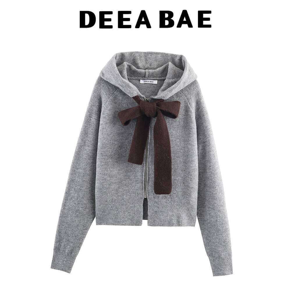 DEEABAE Grey Bow College Hooded Knitted Sweater Sweatshirt Cardigan Jacket Autumn And Winter Lazy Style For Women